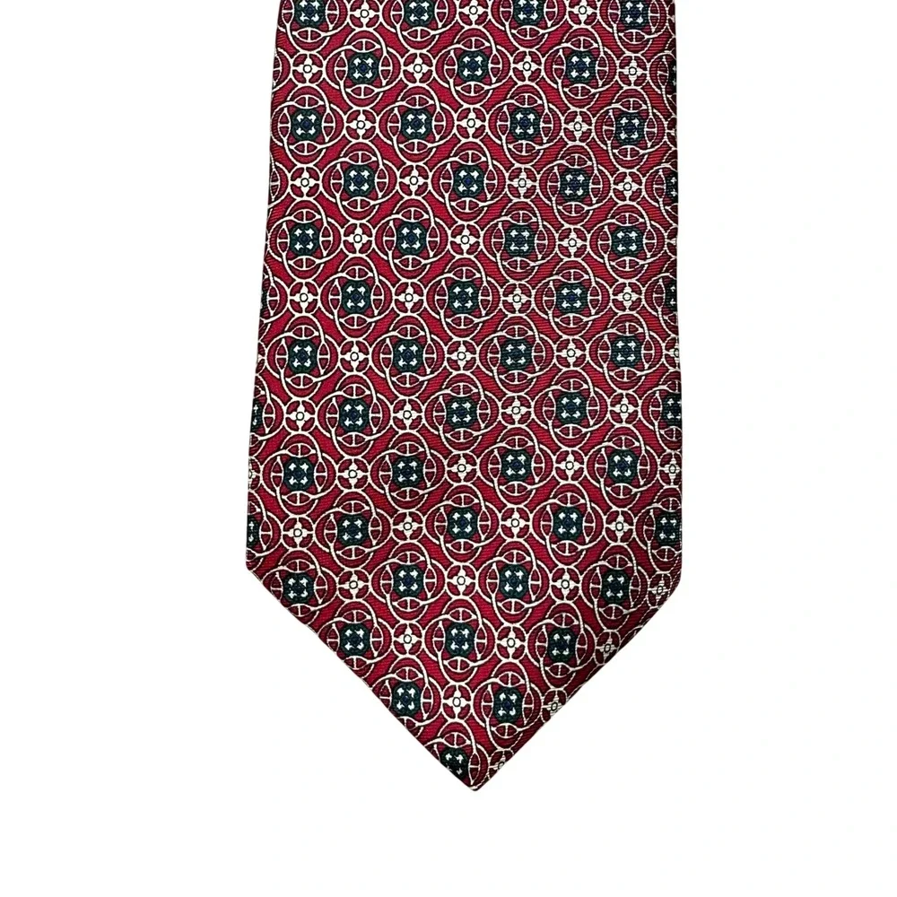 Christian Dior Monsieur Red Silk Geometric Medallion Necktie Made in USA Italy